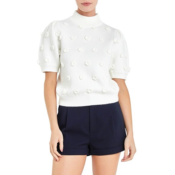 NWT English Factory Ivory White Floral Pompom Short Sleeve Knit Sweater Top Sz L - Picture 1 of 13